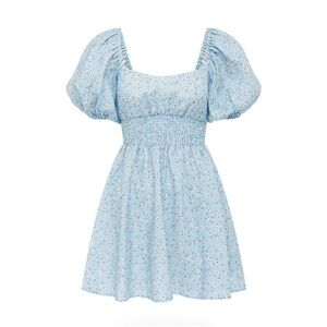 Peony Smocked Floral-print Linen Mini Dress In Sky Blue